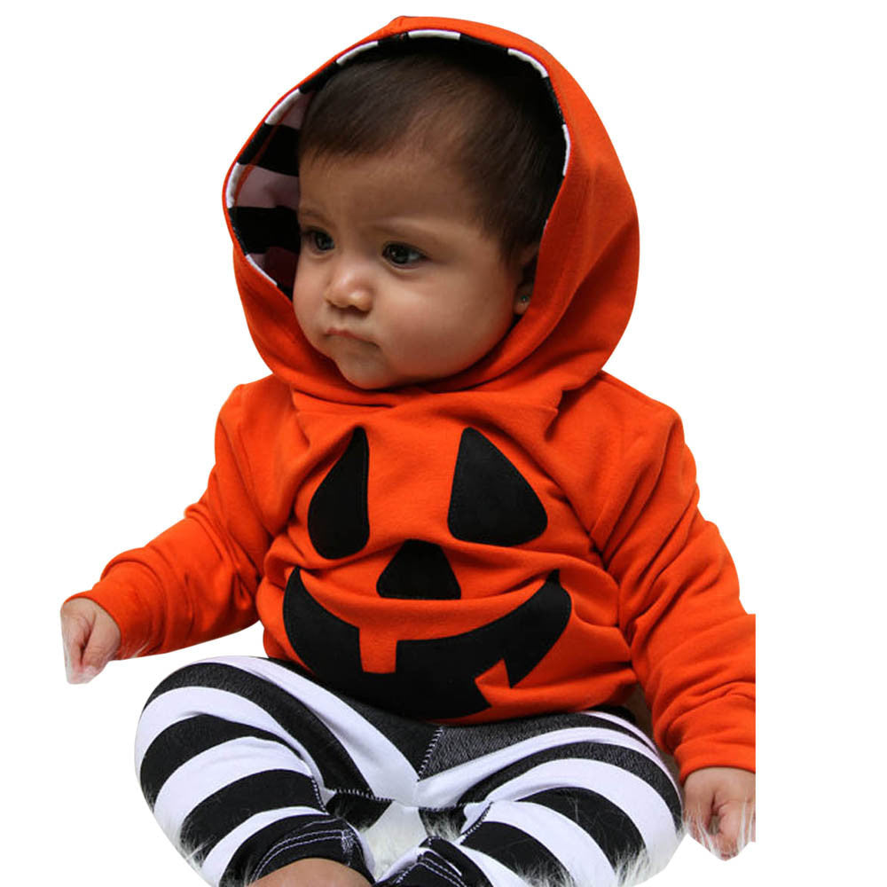 Baby Boy/Girls Pumpkin Halloween Hoodie +Stripe Pants Set - SpookyHollow