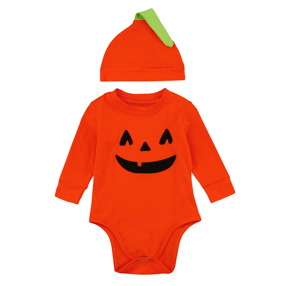 2 pc Baby Boys/Girls Halloween Pumpkin Romper Jumpsuit & Hat - SpookyHollow