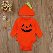 Load image into Gallery viewer, 2 pc Baby Boys/Girls Halloween Pumpkin Romper Jumpsuit &amp; Hat - SpookyHollow