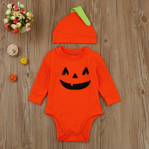 2 pc Baby Boys/Girls Halloween Pumpkin Romper Jumpsuit & Hat - SpookyHollow