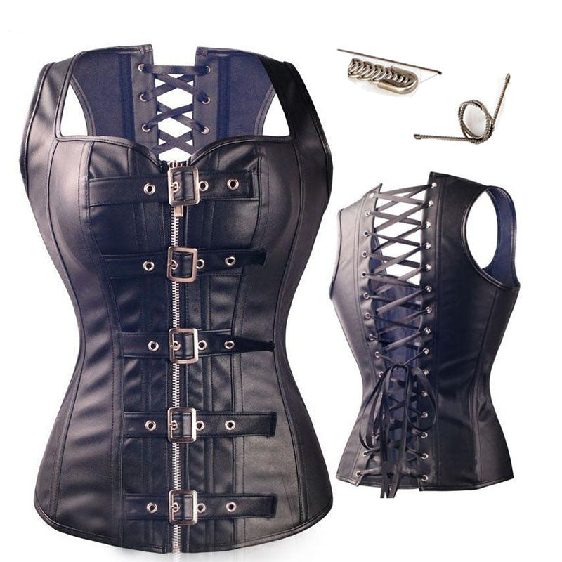 Gothic Spiral Steel Bones Overbust Leather Corset Vest Steampunk - SpookyHollow