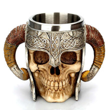 Load image into Gallery viewer, Viking Ram Horned Pit Lord Warrior Stainless Steel Skull Mug - SpookyHollow