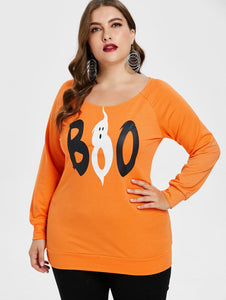 Plus Size Halloween Letter Print Women T-Shirts - SpookyHollow