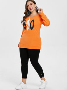 Plus Size Halloween Letter Print Women T-Shirts - SpookyHollow